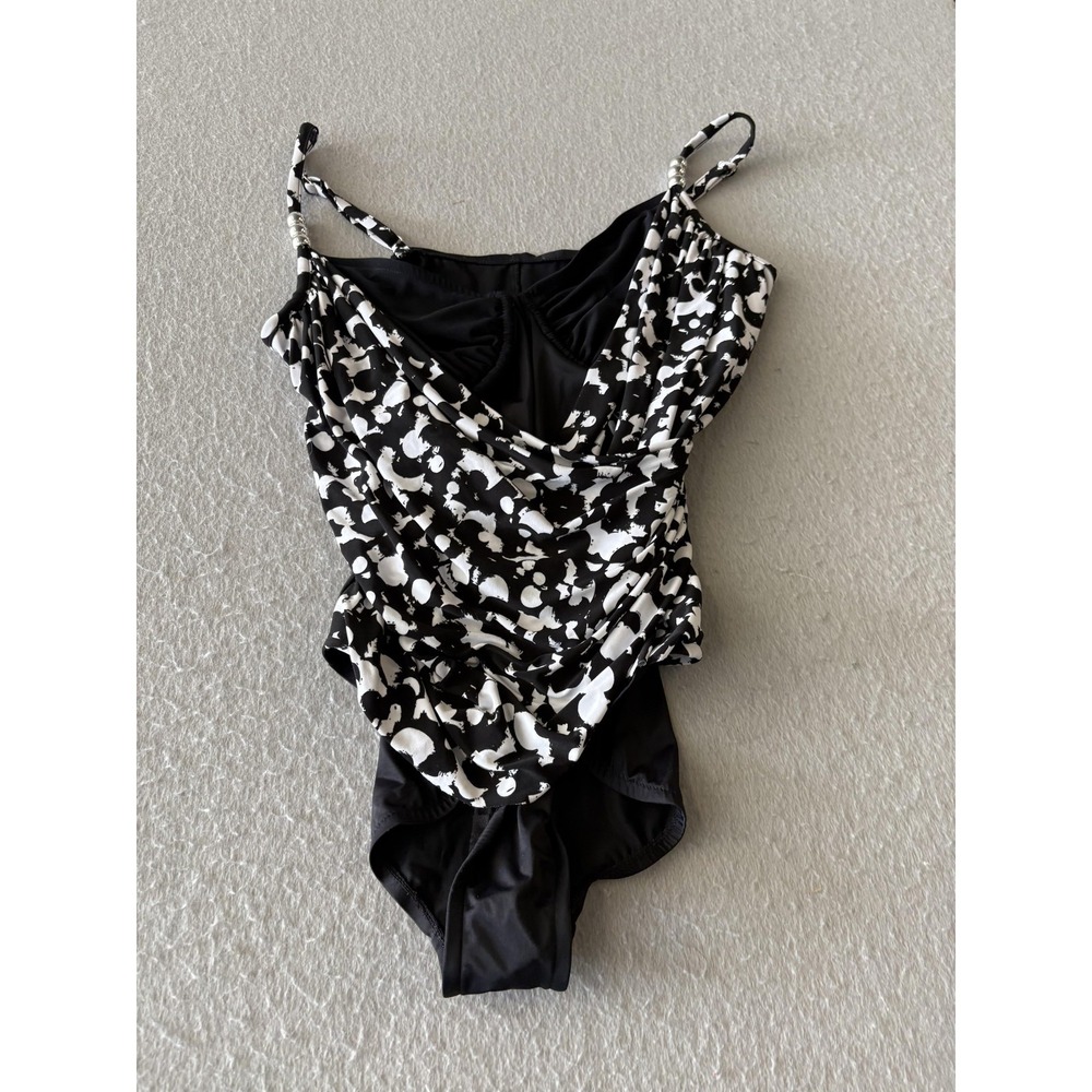 Magicsuit Swimsuit‎ Womens 14 Black White Floral Print One Piece Draped Tank